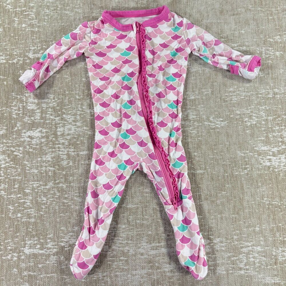 KicKee Bamboo Ruffle Footie Sleeper - Pink/Teal Scales - 0-3 Months